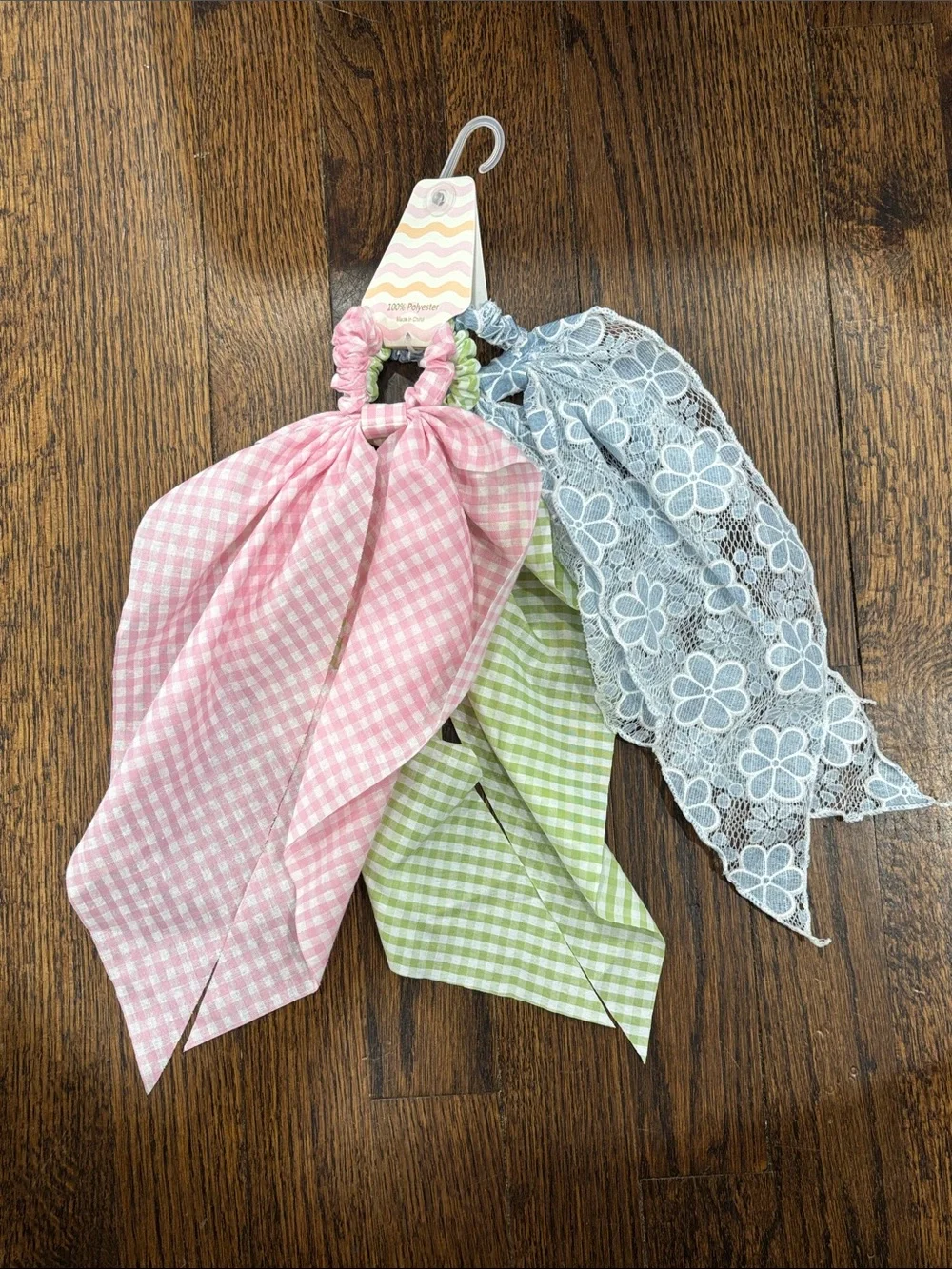 Piper K Set of 3 scarf scrunchies in Blue, Green & Pink